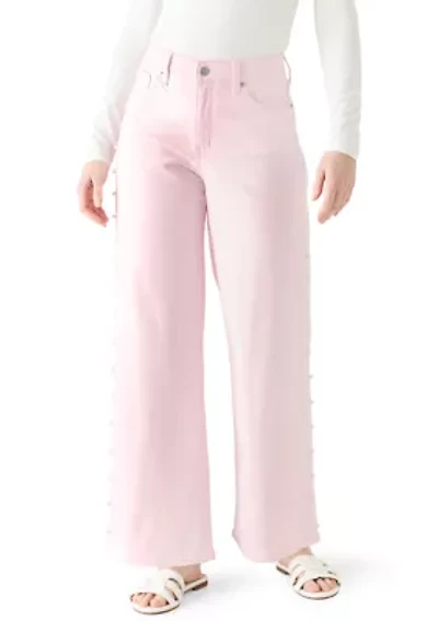 Women's Pearl Trim Cropped Wide Leg Jeans