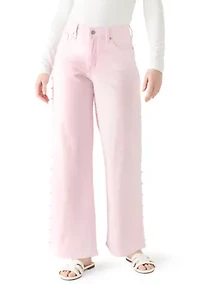 Women's Pearl Trim Cropped Wide Leg Jeans