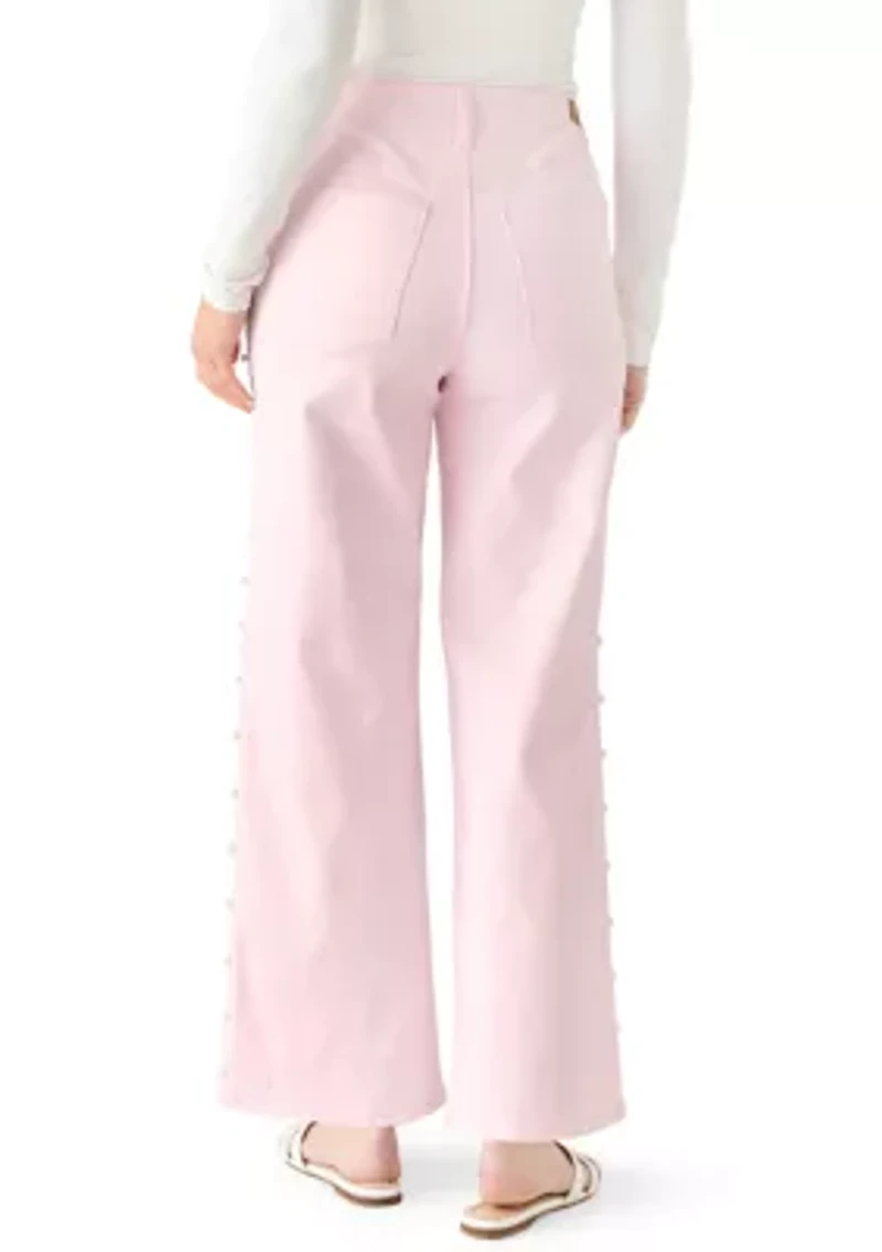 Women's Pearl Trim Cropped Wide Leg Jeans