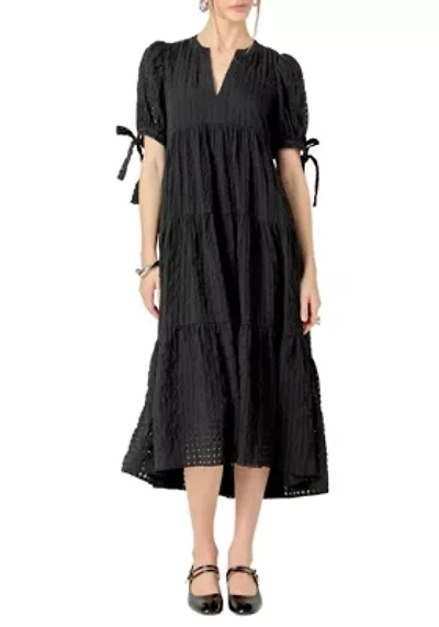 Gingham Tiered Midi Dress with Bow Tie Sleeves