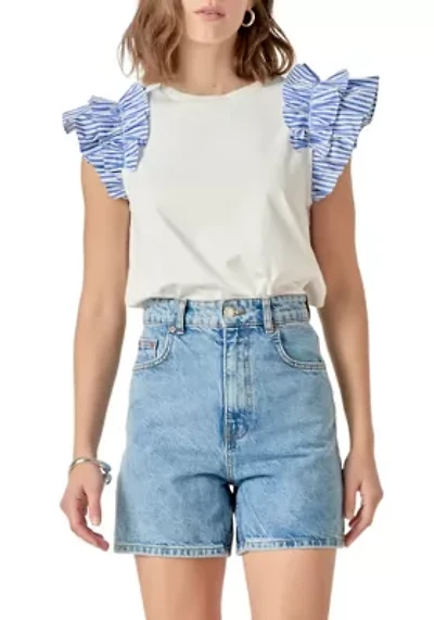 Mixed Media Ruffle Detail T-shirt