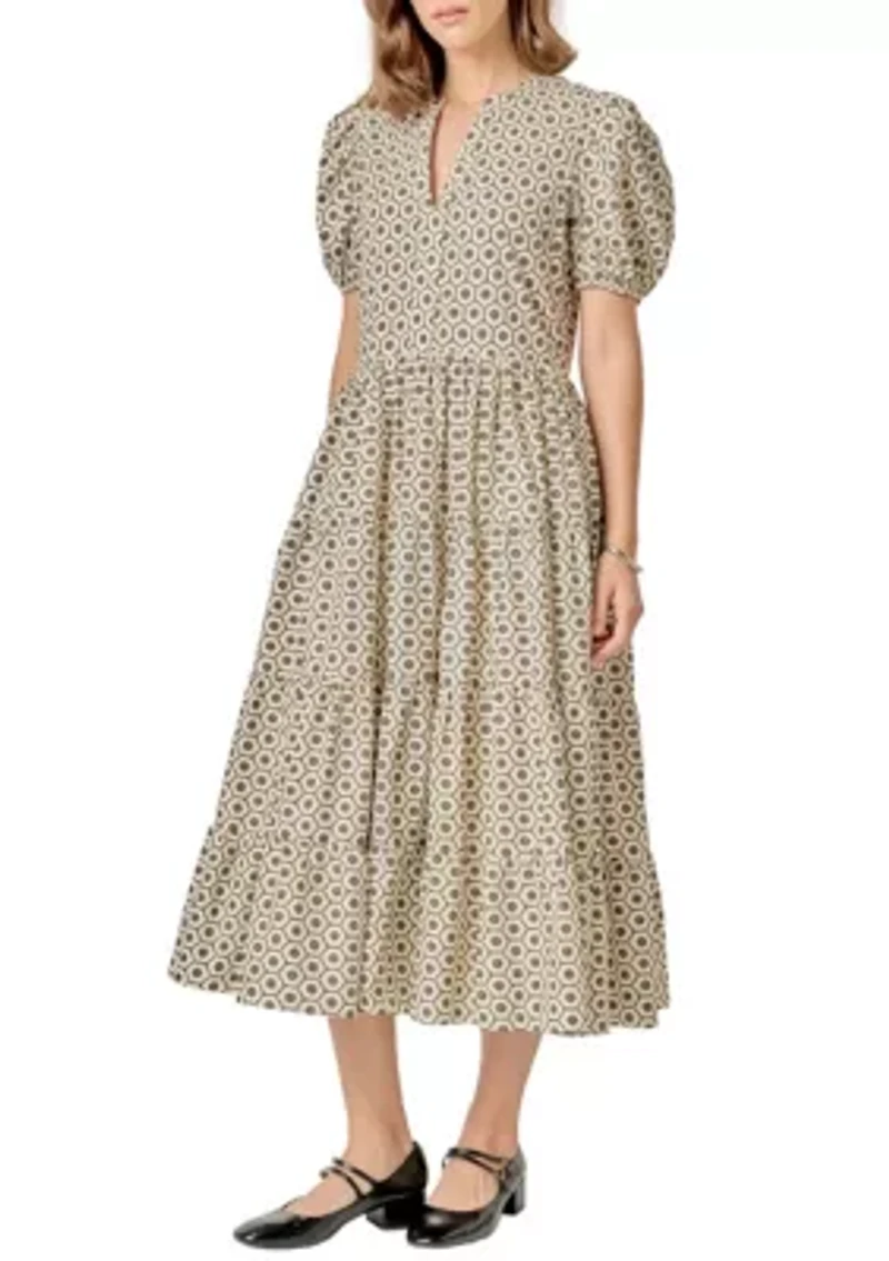 Print Puff Sleeve Midi Dress