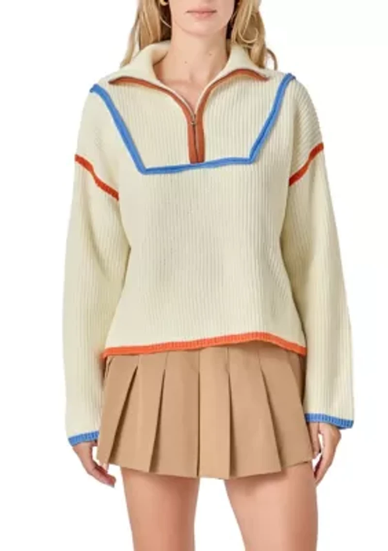 CONTRAST PIPING QUARTER ZIP SWEATER