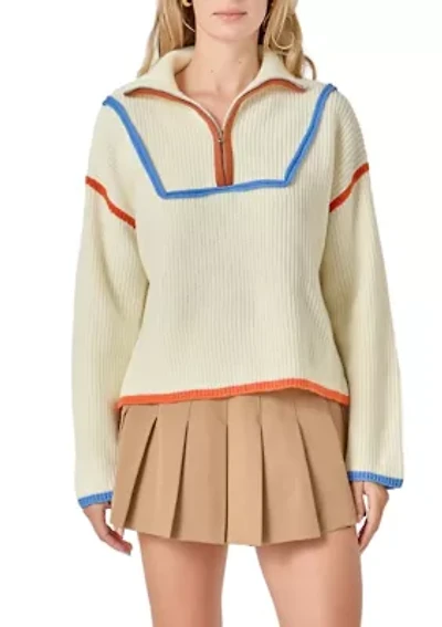 CONTRAST PIPING QUARTER ZIP SWEATER