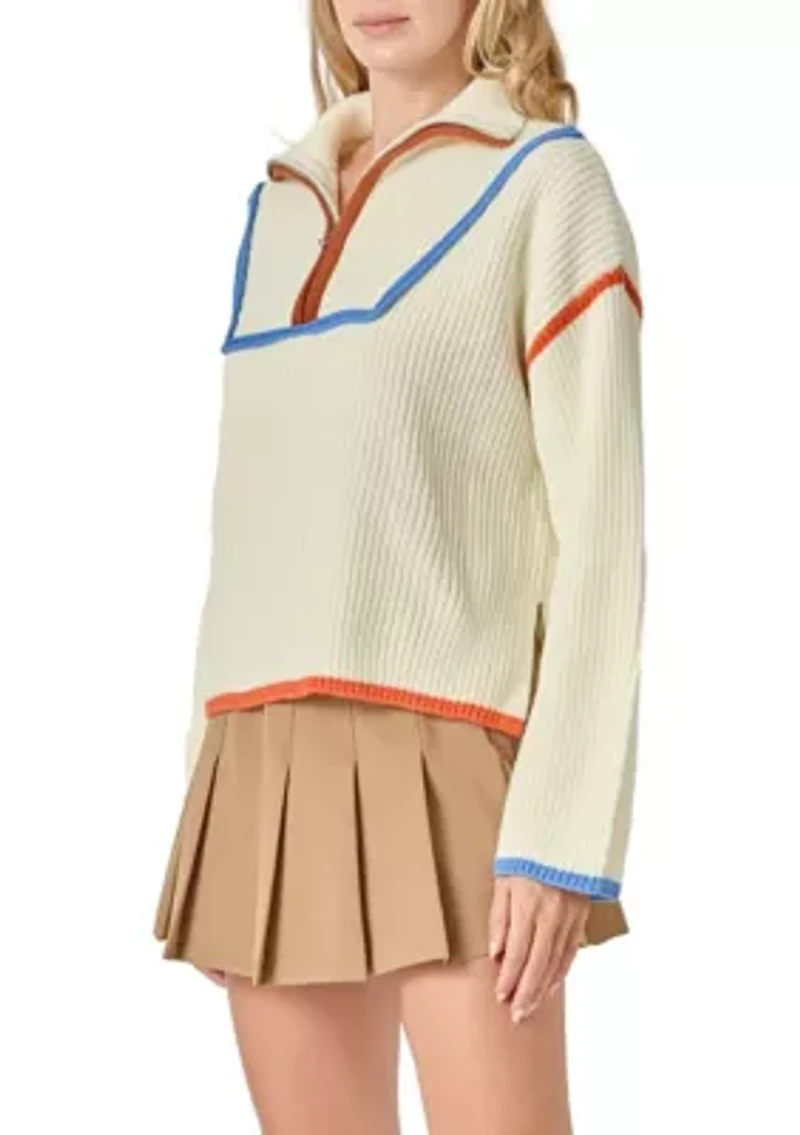 CONTRAST PIPING QUARTER ZIP SWEATER