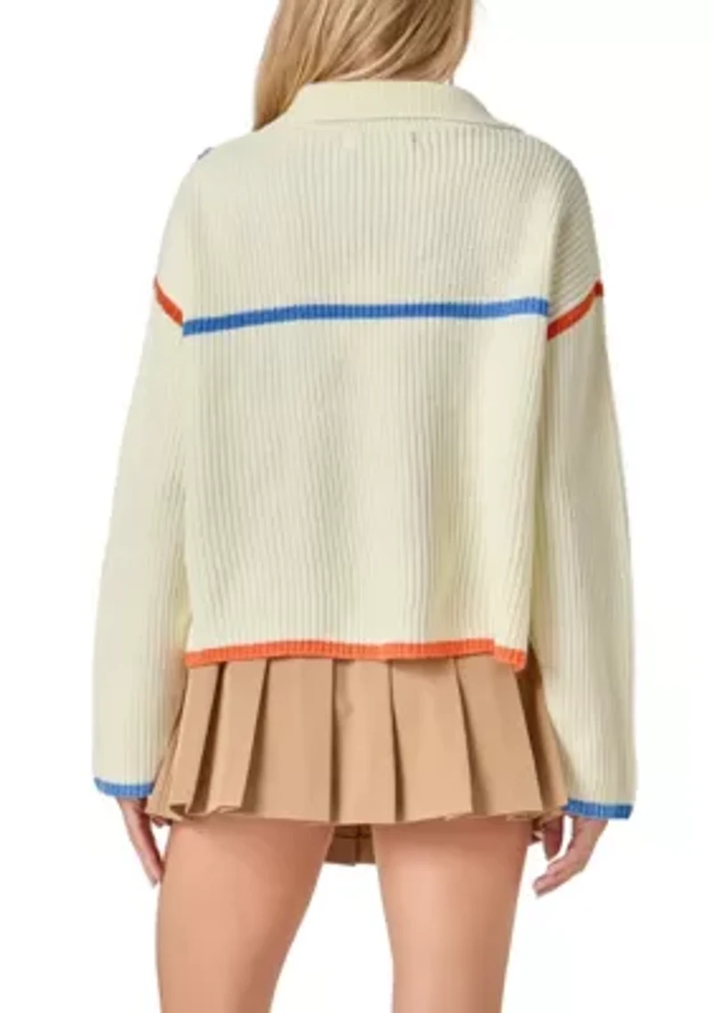 CONTRAST PIPING QUARTER ZIP SWEATER