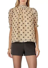 Polka-dot Puff Sleeve Top with Mock neck