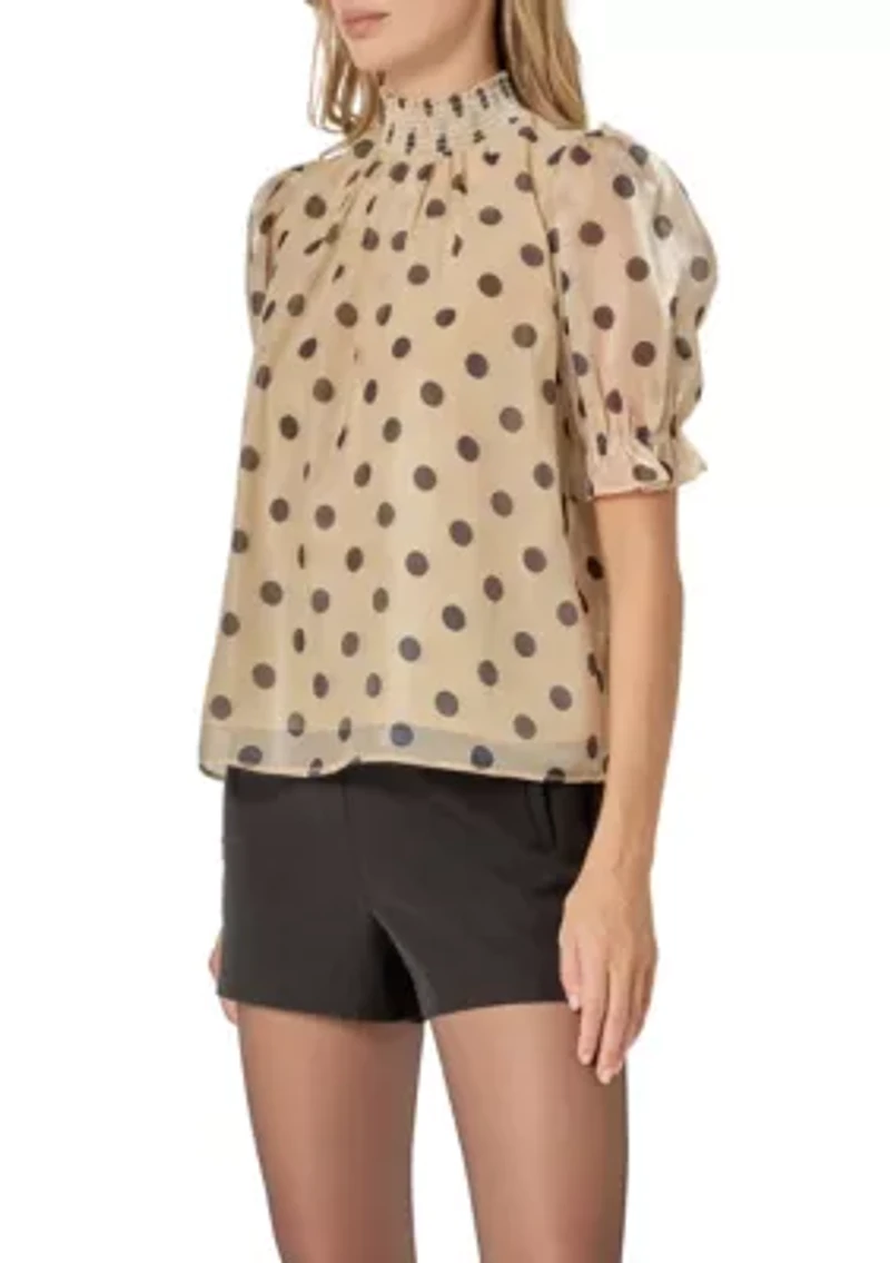 Polka-dot Puff Sleeve Top with Mock neck