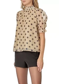 Polka-dot Puff Sleeve Top with Mock neck