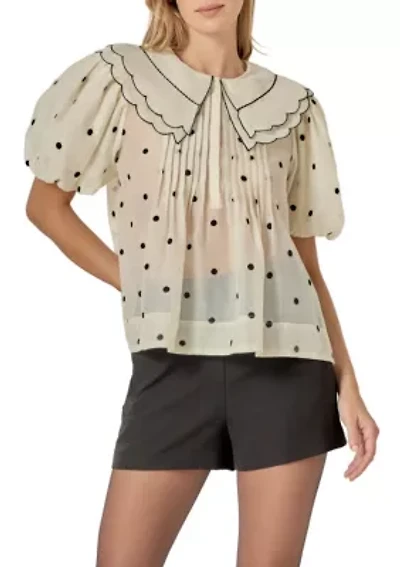 Scalloped Collar Sheer Polka Dot Blouse