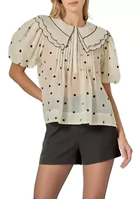 Scalloped Collar Sheer Polka Dot Blouse