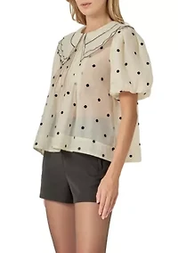 Scalloped Collar Sheer Polka Dot Blouse