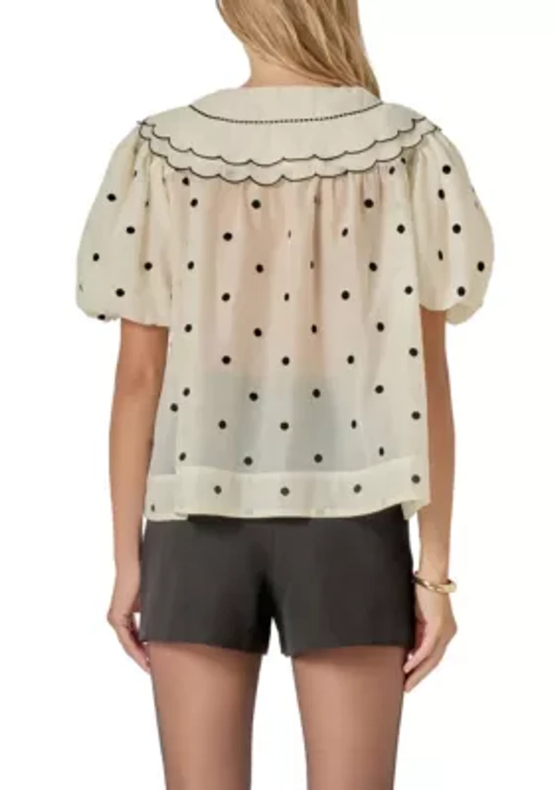 Scalloped Collar Sheer Polka Dot Blouse