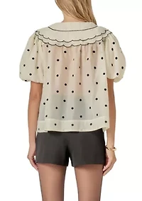Scalloped Collar Sheer Polka Dot Blouse