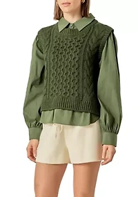 MIXED MEDIA CABLE KNIT SHIRT TOP