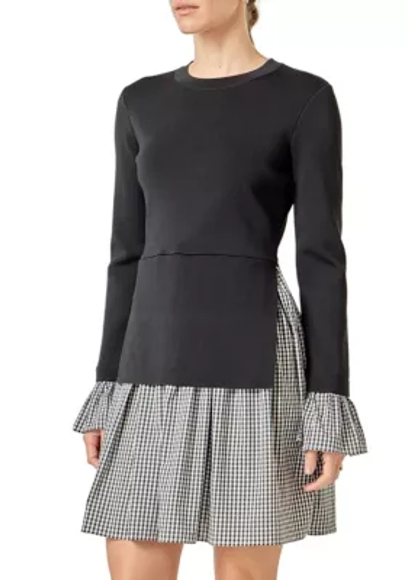 MIXED MEDIA GINGHAM CHECK MINI DRESS