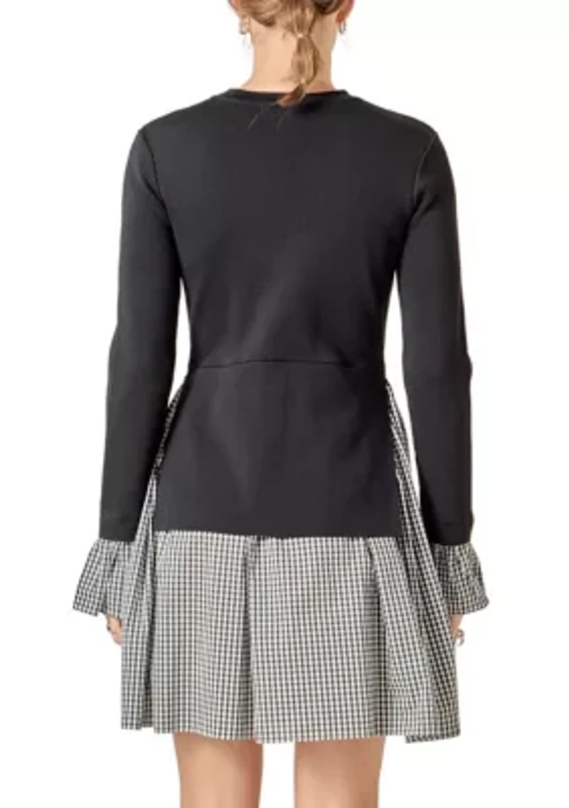 MIXED MEDIA GINGHAM CHECK MINI DRESS