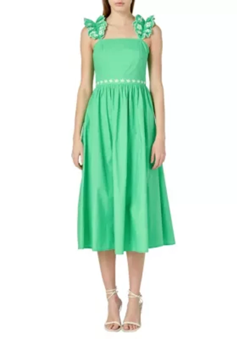 FLOWER EMBROIDERED RUFFLE MIDI DRESS