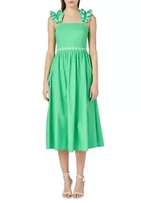 FLOWER EMBROIDERED RUFFLE MIDI DRESS