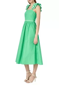 FLOWER EMBROIDERED RUFFLE MIDI DRESS