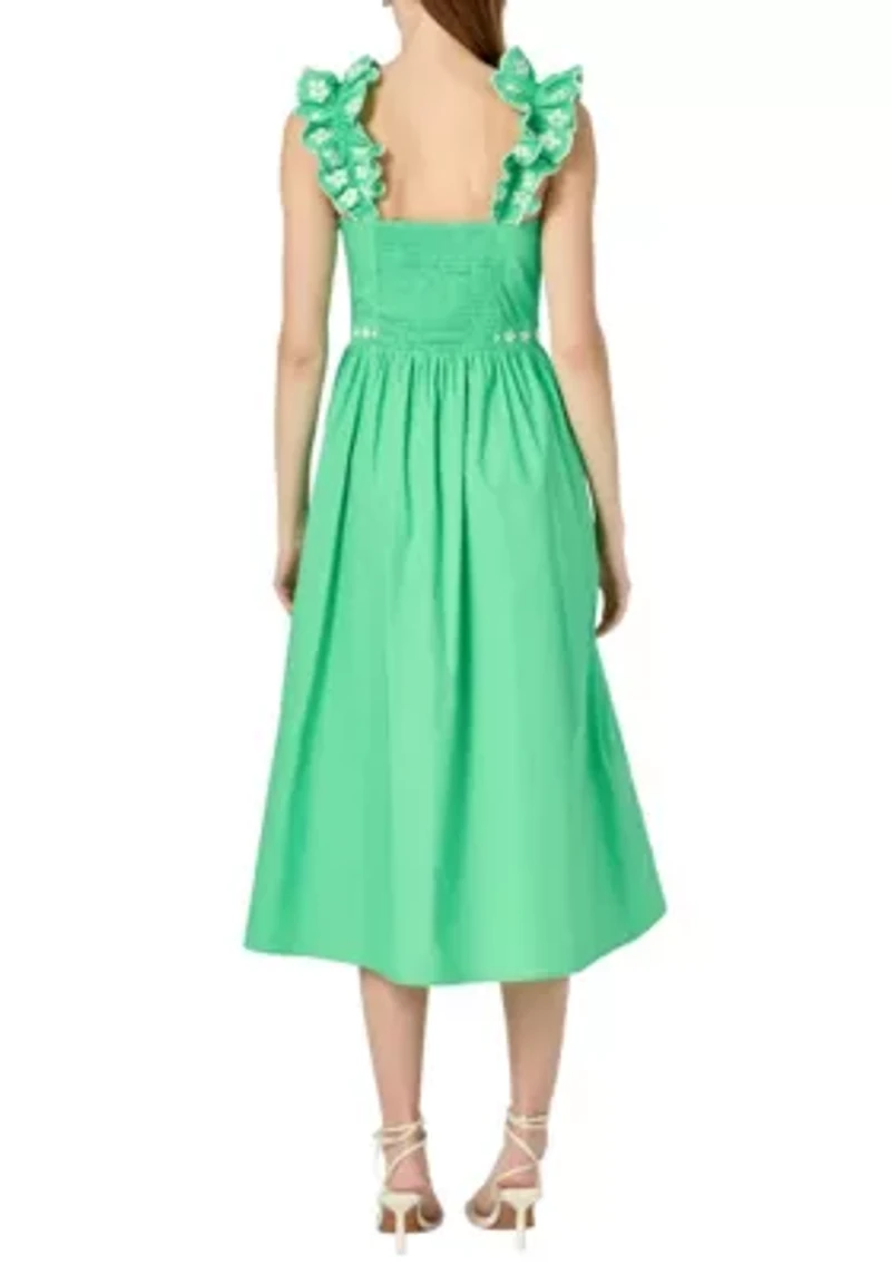 FLOWER EMBROIDERED RUFFLE MIDI DRESS