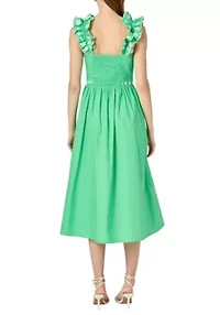 FLOWER EMBROIDERED RUFFLE MIDI DRESS