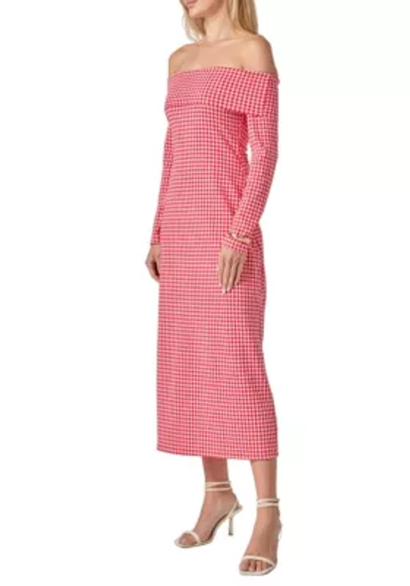 GINGHAM OFF THE SHOULDER MIDI DRESS