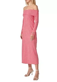 GINGHAM OFF THE SHOULDER MIDI DRESS