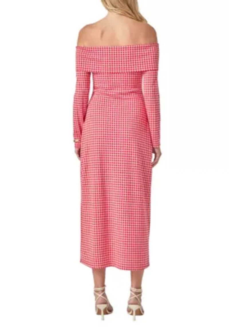 GINGHAM OFF THE SHOULDER MIDI DRESS
