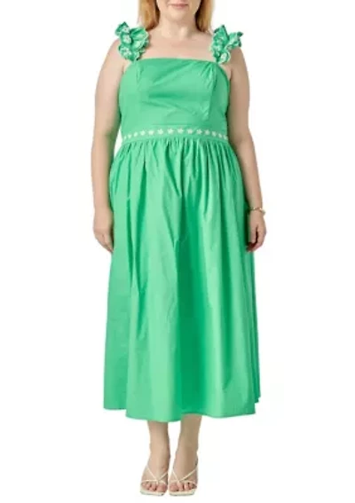 FLOWER EMBROIDERED RUFFLE MIDI DRESS