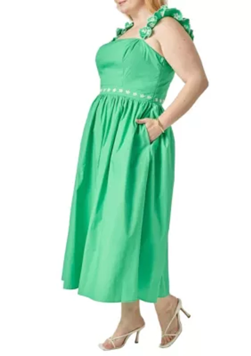 FLOWER EMBROIDERED RUFFLE MIDI DRESS