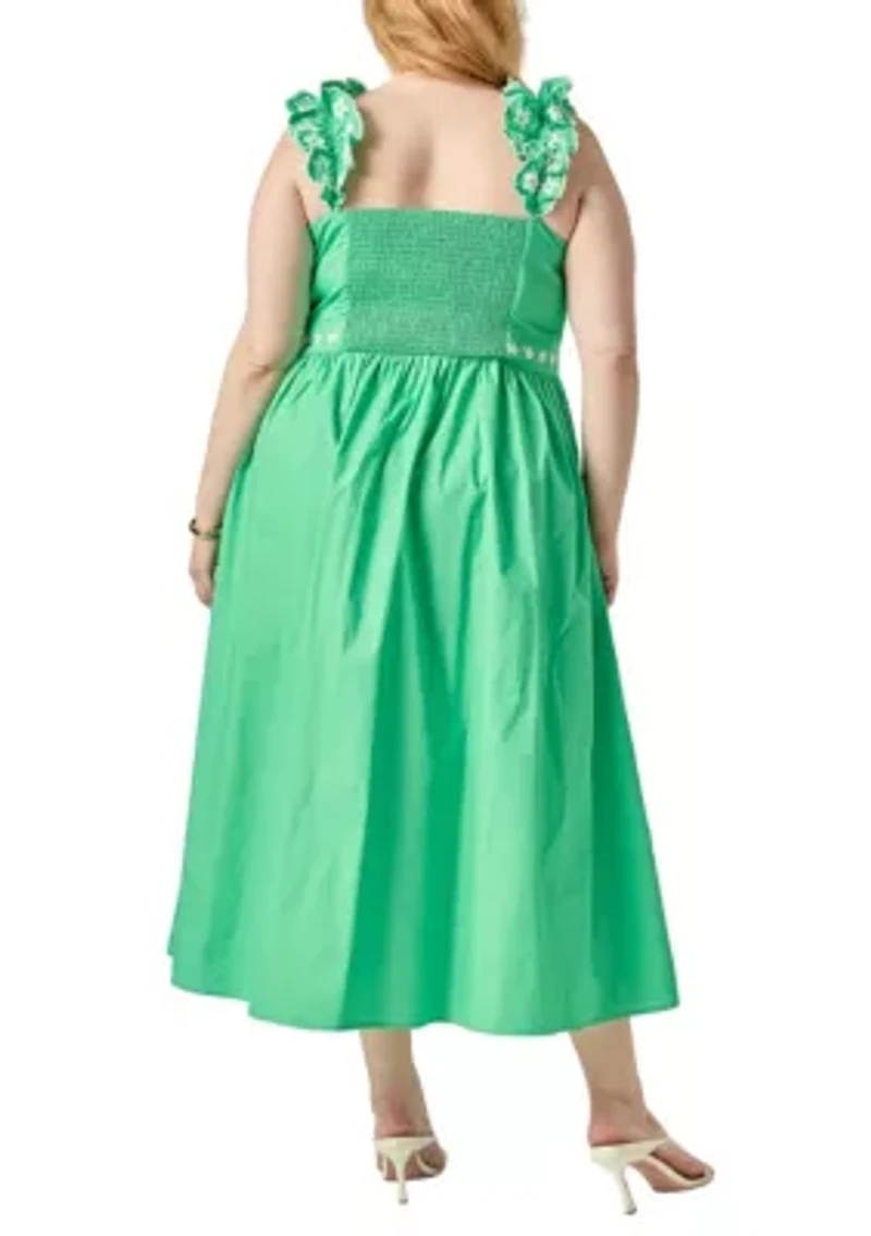 FLOWER EMBROIDERED RUFFLE MIDI DRESS