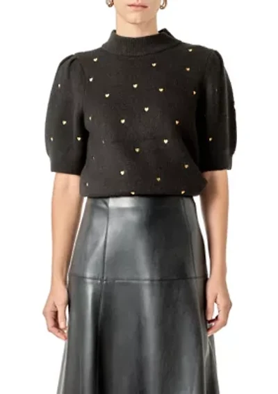 Heart-Embroidered Puff Sleeve Knit