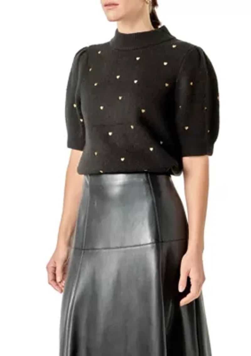 Heart-Embroidered Puff Sleeve Knit