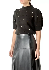 Heart-Embroidered Puff Sleeve Knit