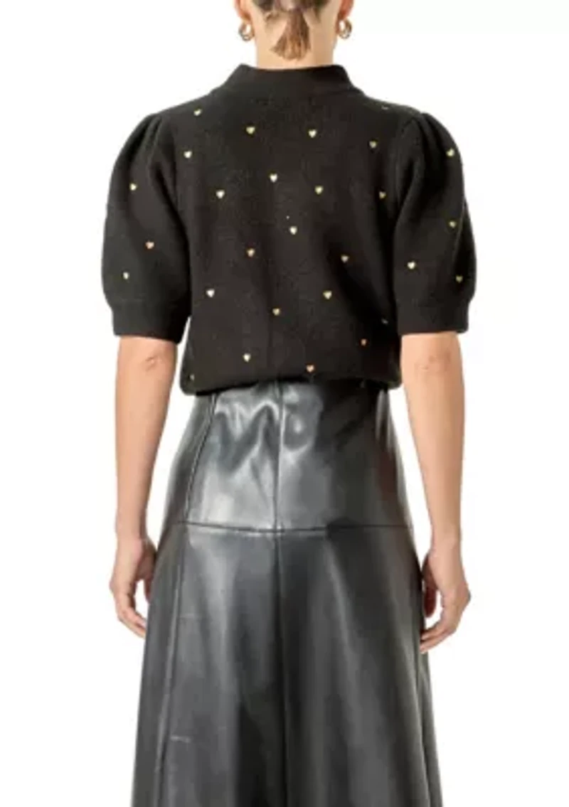 Heart-Embroidered Puff Sleeve Knit