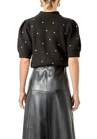 Heart-Embroidered Puff Sleeve Knit