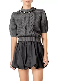 PEARL EMBELLISHMENT PUFF SLEEVE KNIT