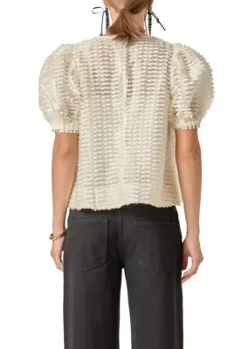 Puff-Sleeve Blouse with Embellished Fabric