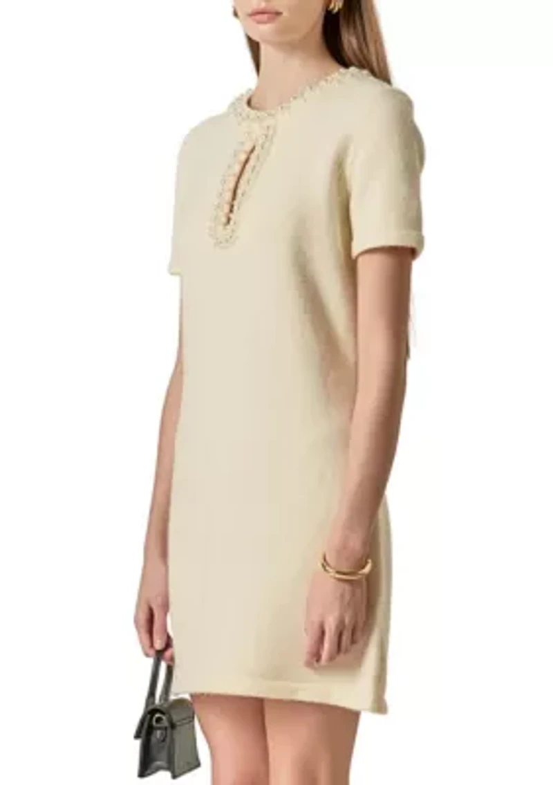 PEARL & RHINESTONE KEY HOLE KNIT MINI DRESS