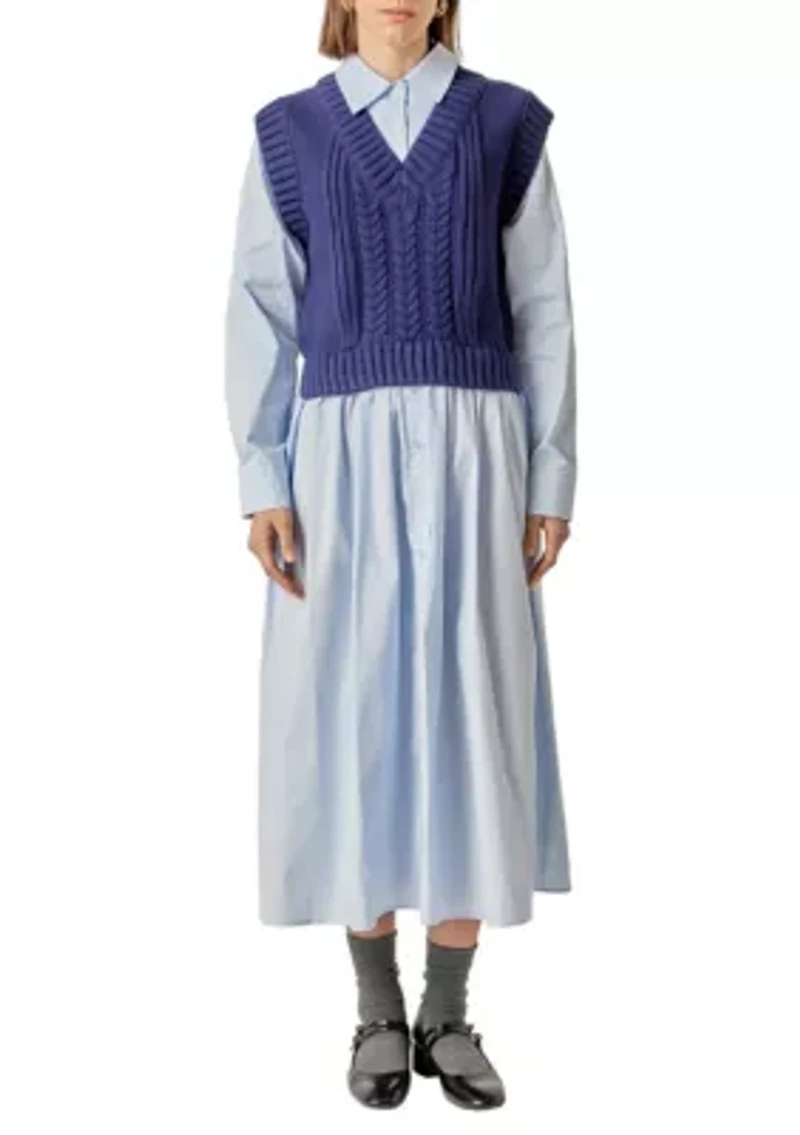 COLLARED MIXED MEDIA MIDI DRESS