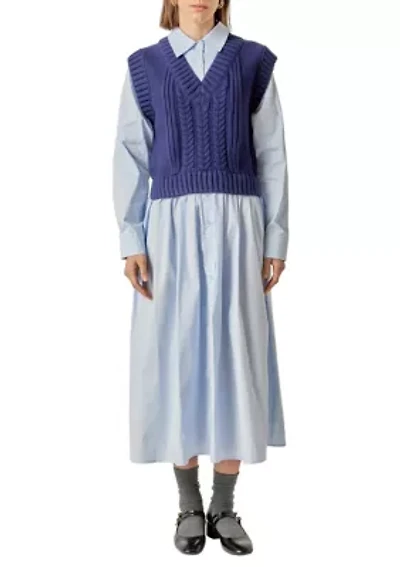 COLLARED MIXED MEDIA MIDI DRESS