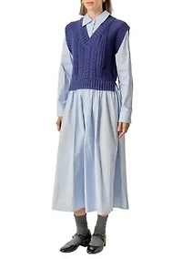 COLLARED MIXED MEDIA MIDI DRESS