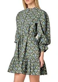 FLORAL PRINT PINTUCK SMOCK MINI DRESS