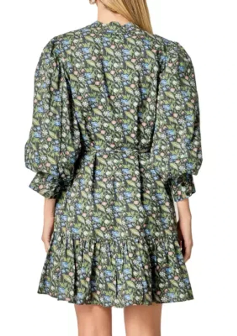 FLORAL PRINT PINTUCK SMOCK MINI DRESS