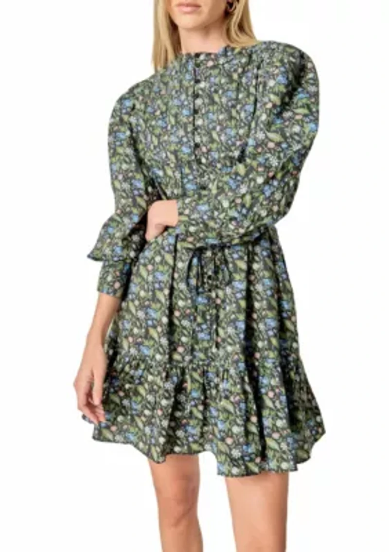 FLORAL PRINT PINTUCK SMOCK MINI DRESS