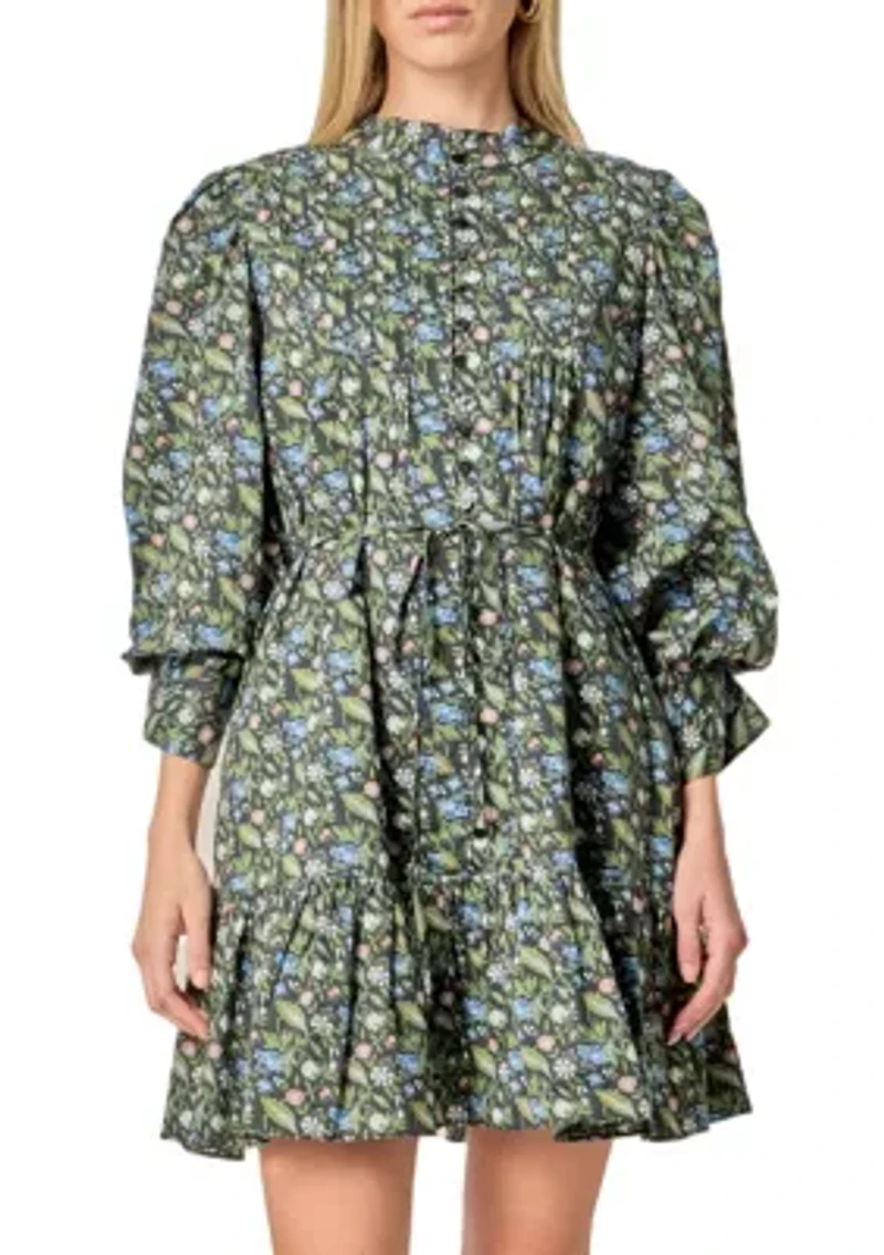 FLORAL PRINT PINTUCK SMOCK MINI DRESS