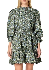 FLORAL PRINT PINTUCK SMOCK MINI DRESS