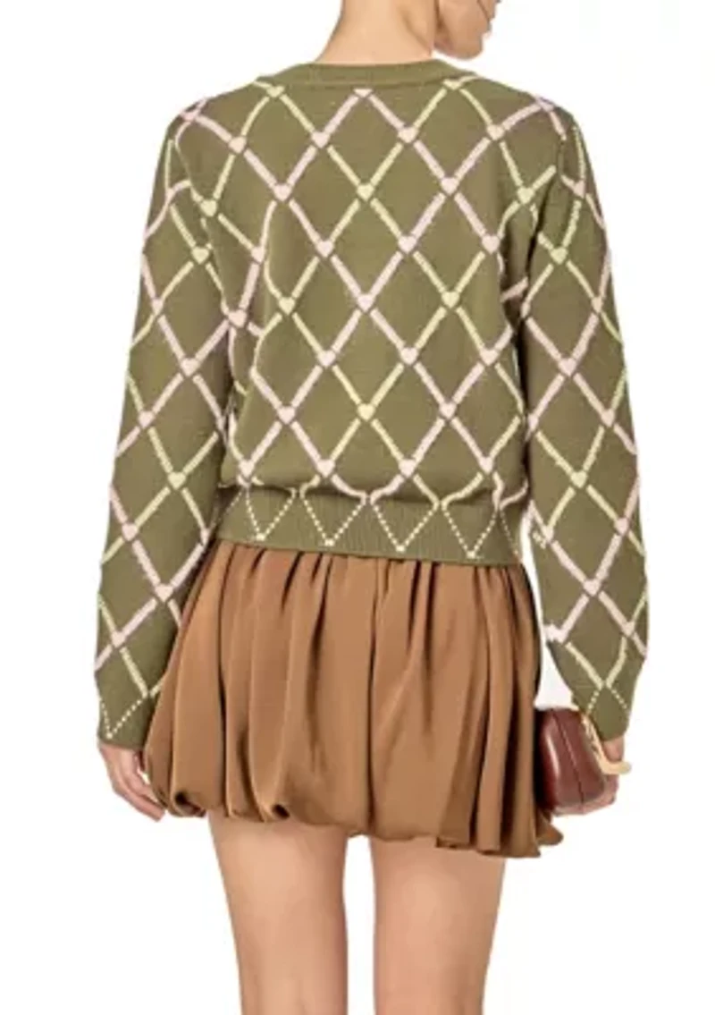 DIAMOND HEART PATTERN KNIT CARDIGAN