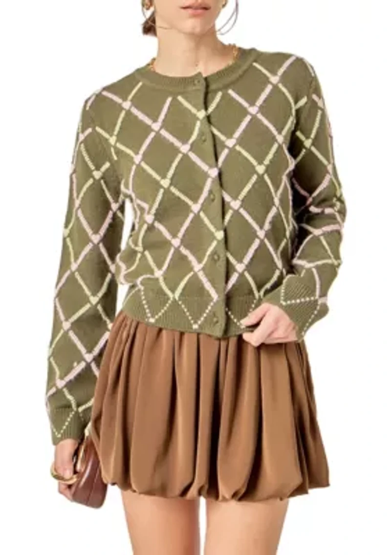 DIAMOND HEART PATTERN KNIT CARDIGAN